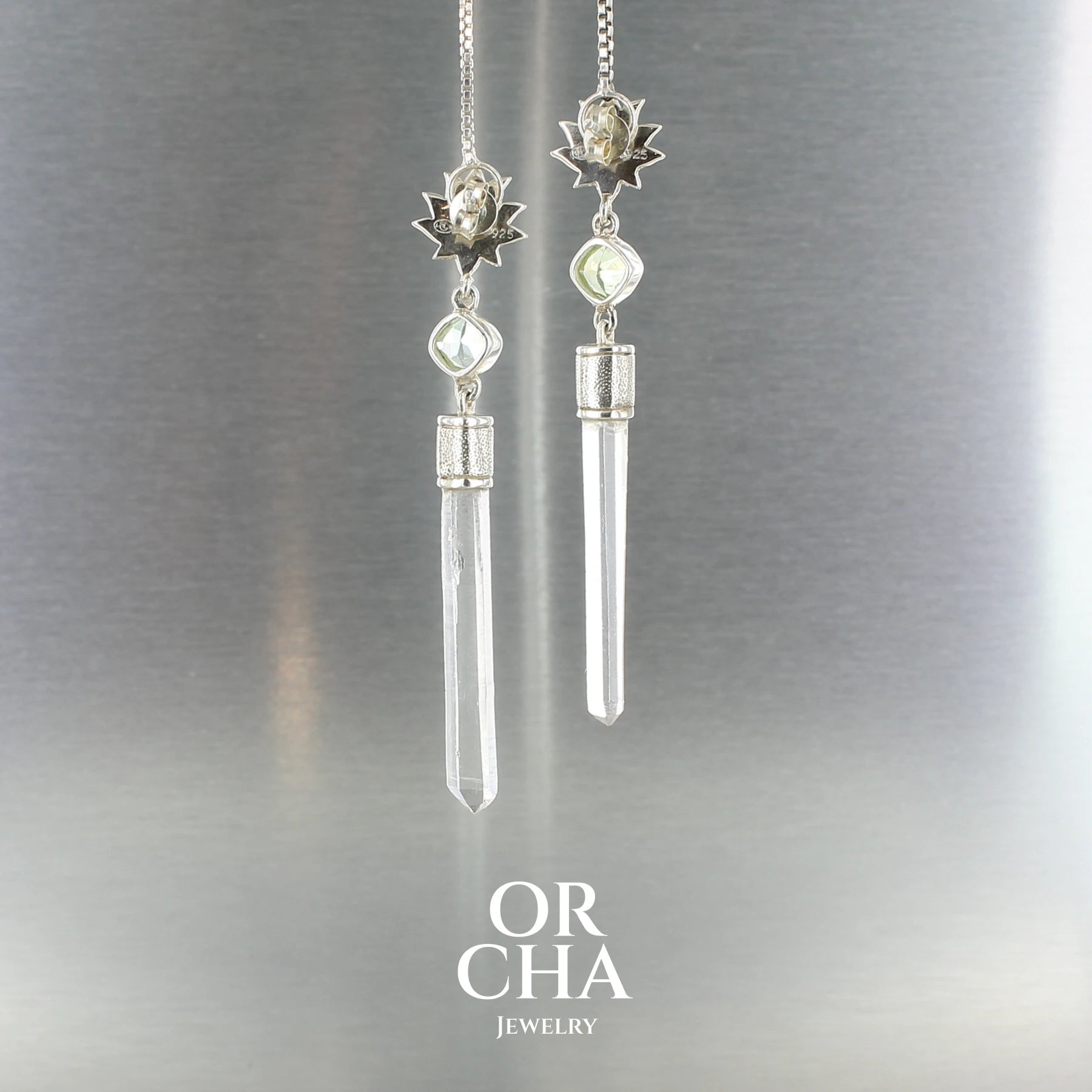 Boucles d'oreilles Lotus en argent avec Cristal naturel et tourmaline - Sauvage