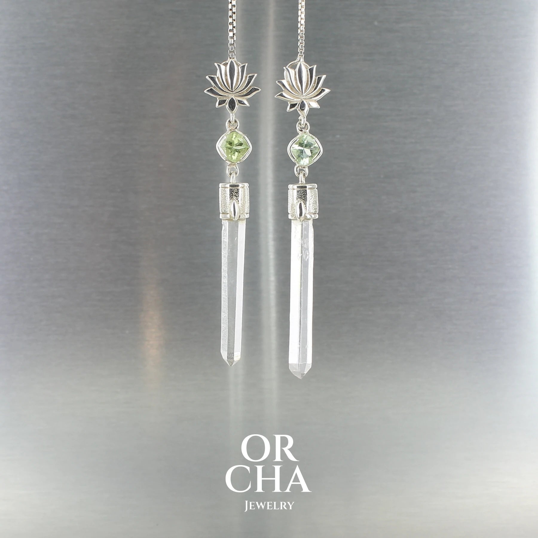 Boucles d'oreilles Lotus en argent avec Cristal naturel et tourmaline - Sauvage