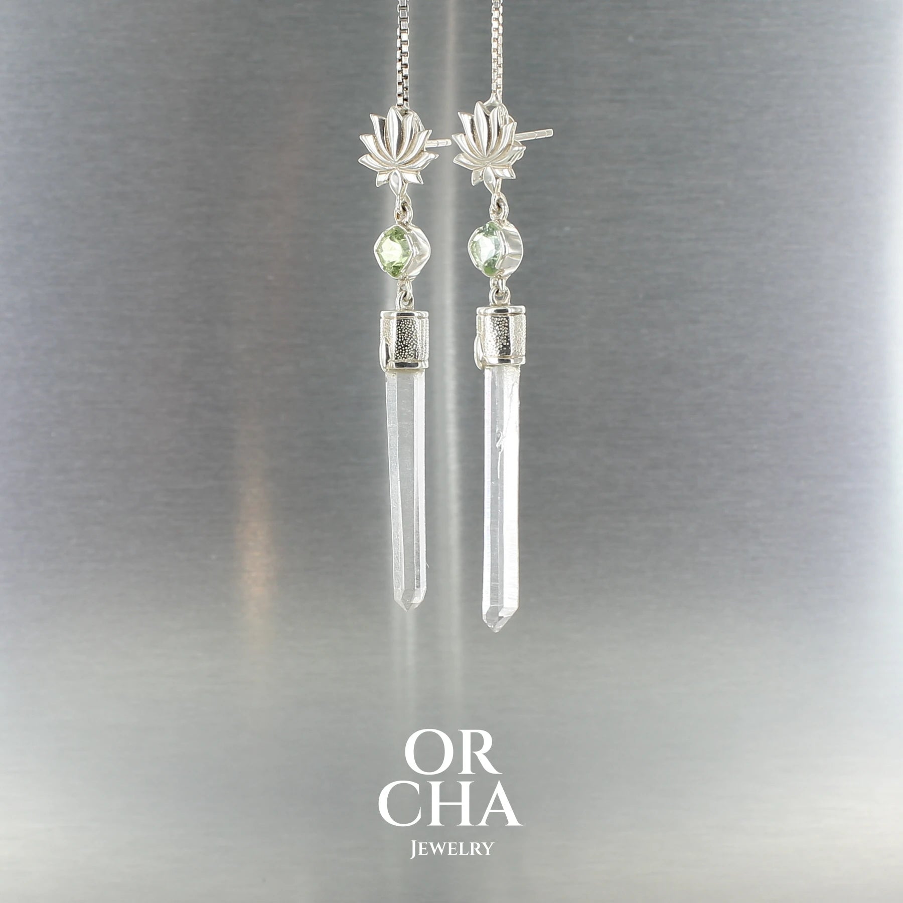 Boucles d'oreilles Lotus en argent avec Cristal naturel et tourmaline - Sauvage