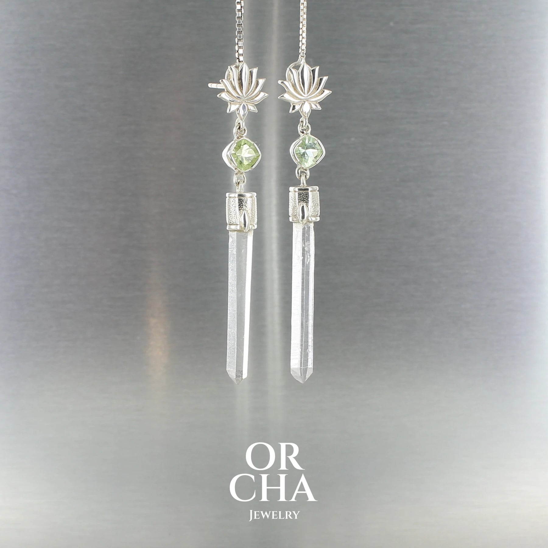 Boucles d'oreilles Lotus en argent avec Cristal naturel et tourmaline - Sauvage