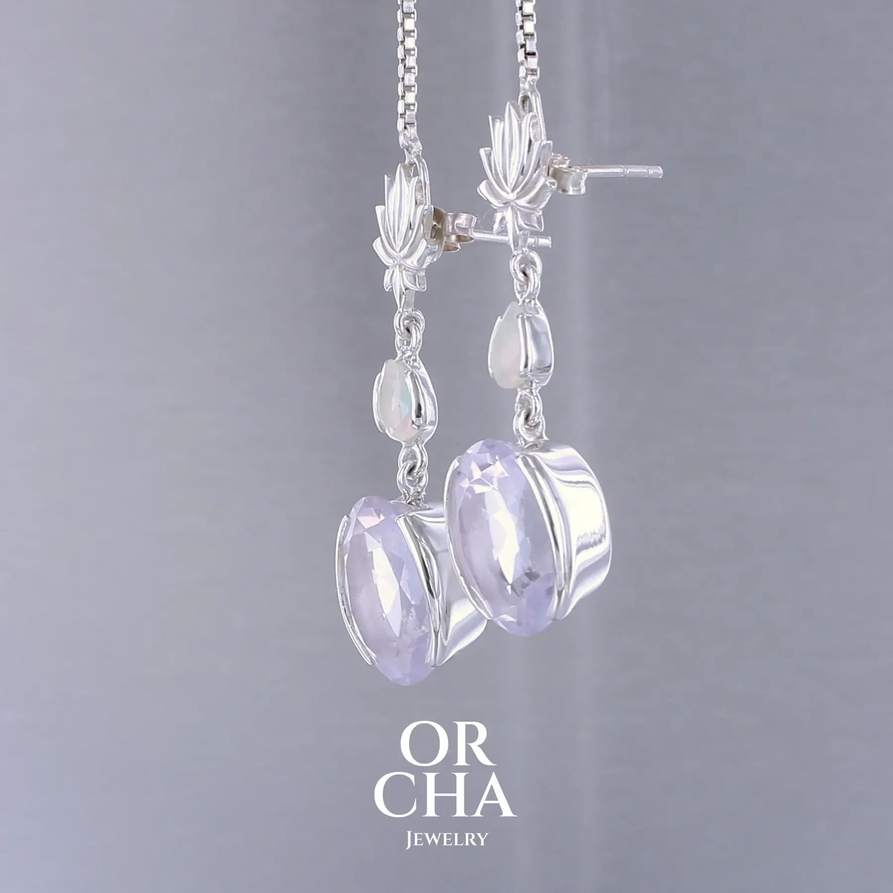 Boucles d'oreilles Lotus en argent avec Quartz lavande et opale - Essential