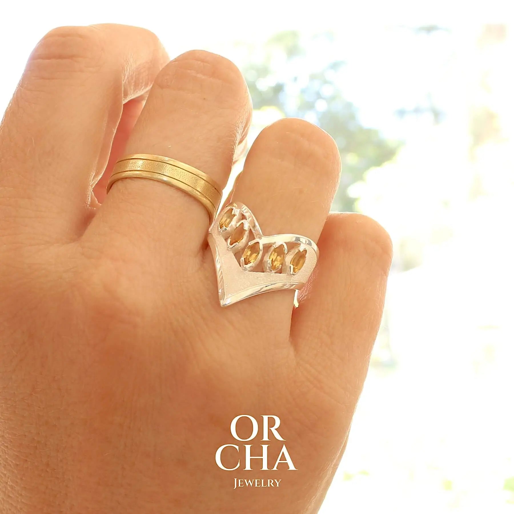 Bague marquise 5 pierres en argent massif avec Citrines - Bastet
