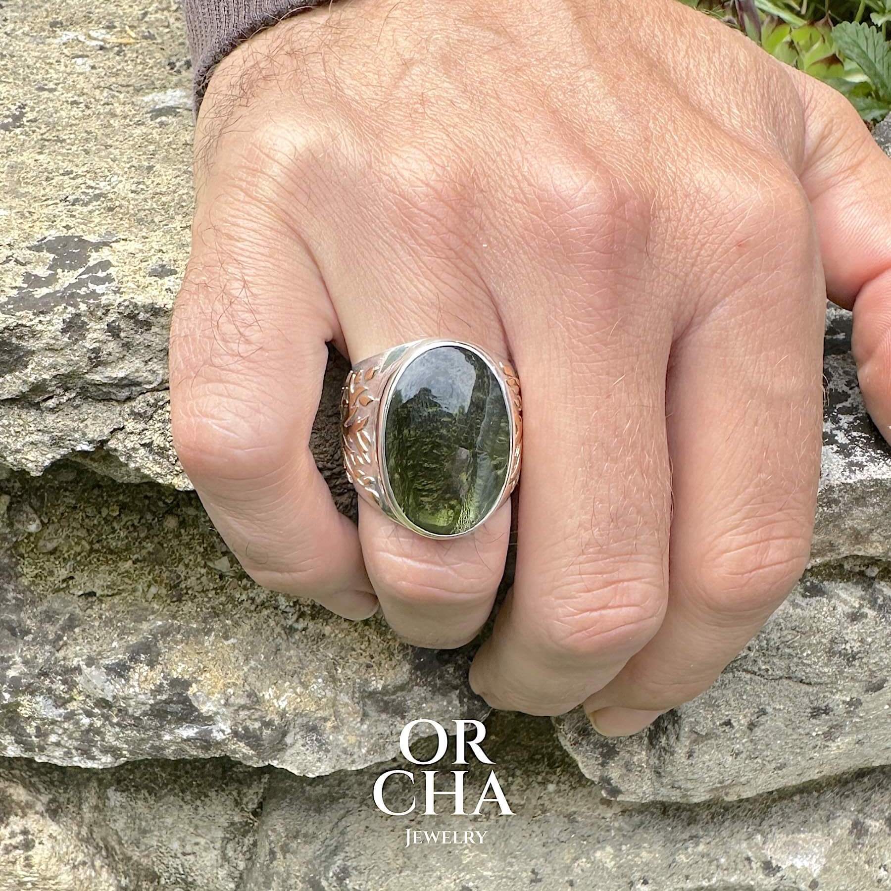 Bague pour homme avec Moldavite - Arbre de vie- Sauvage