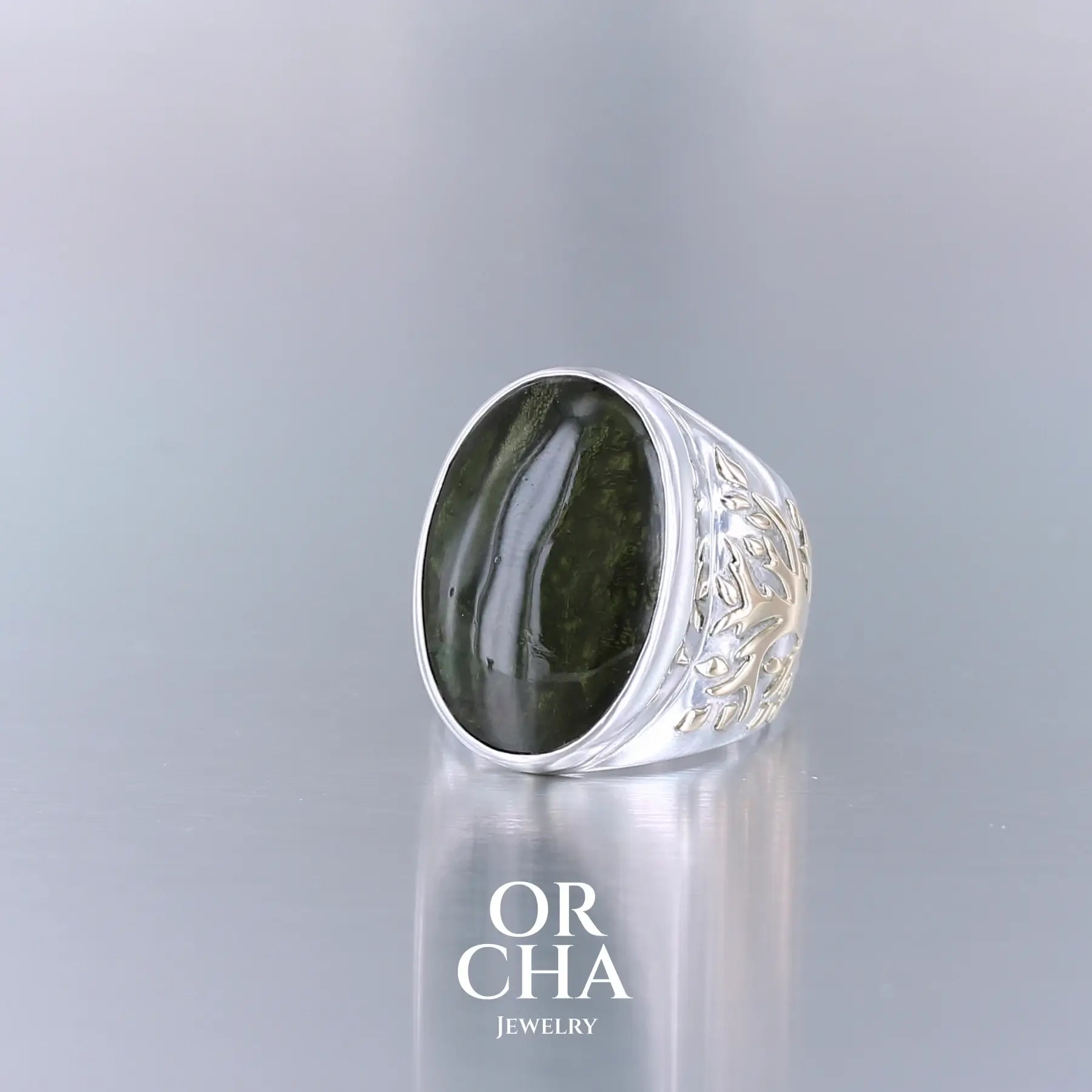 Bague pour homme avec Moldavite - Arbre de vie- Sauvage