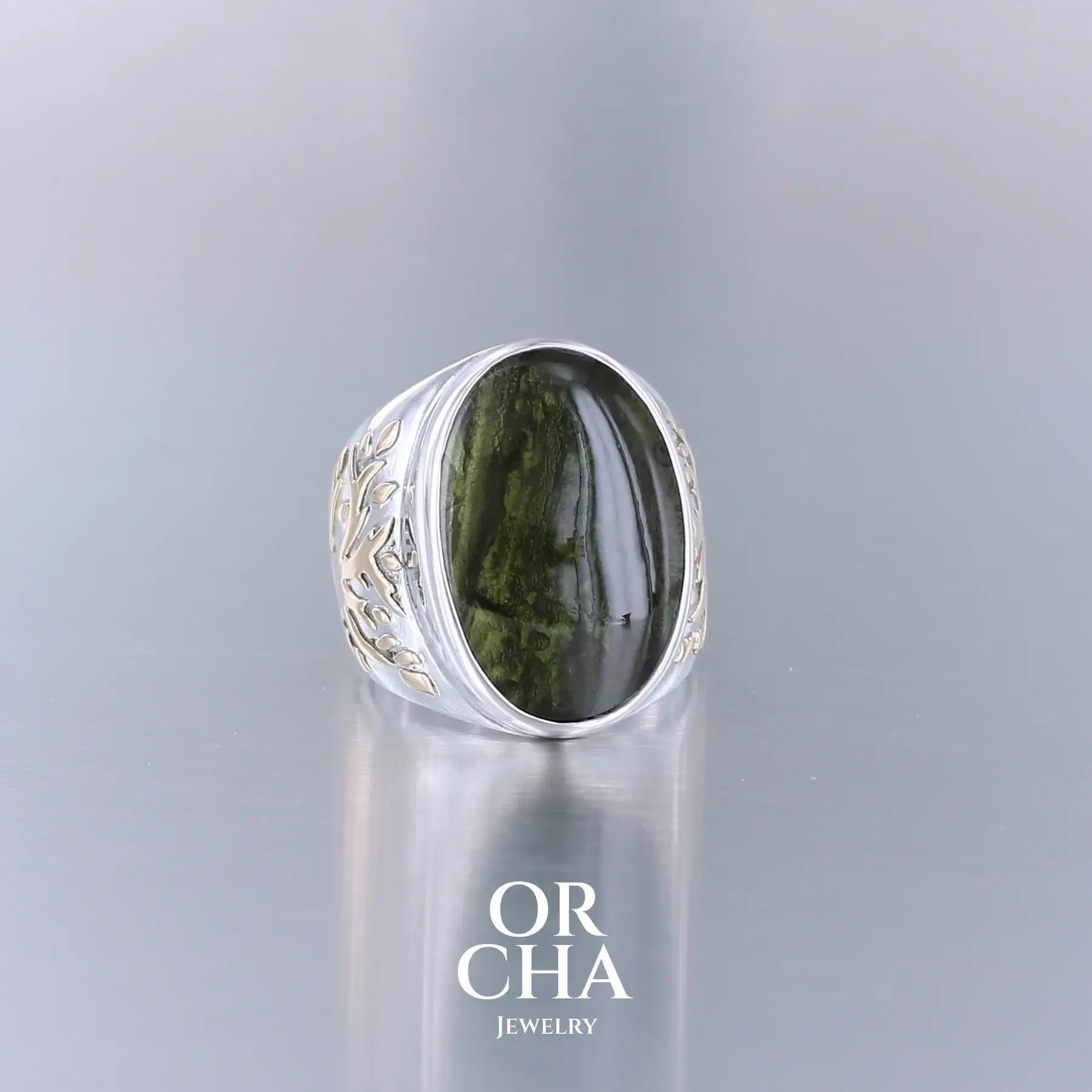 Bague pour homme avec Moldavite - Arbre de vie- Sauvage