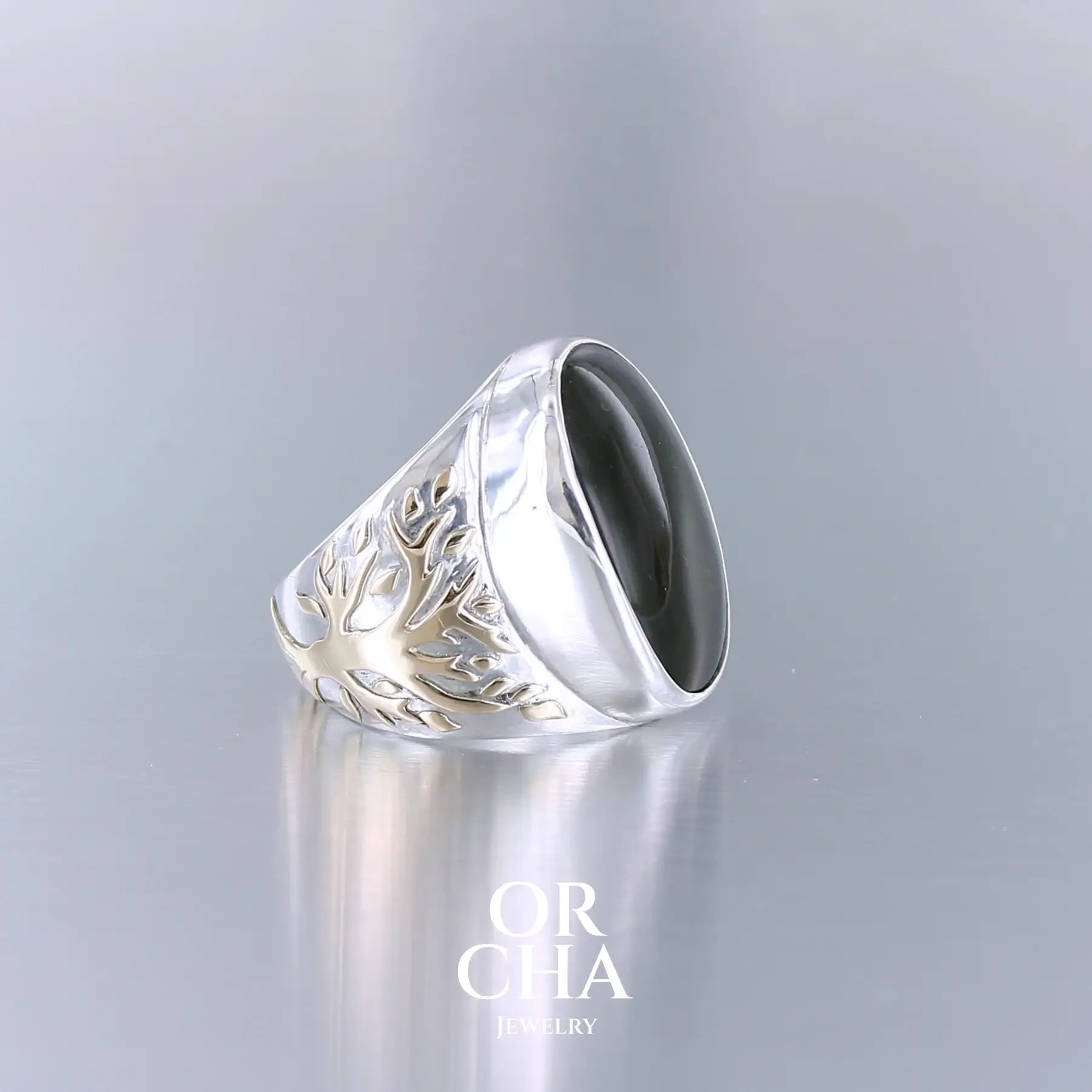 Bague pour homme avec Moldavite - Arbre de vie- Sauvage