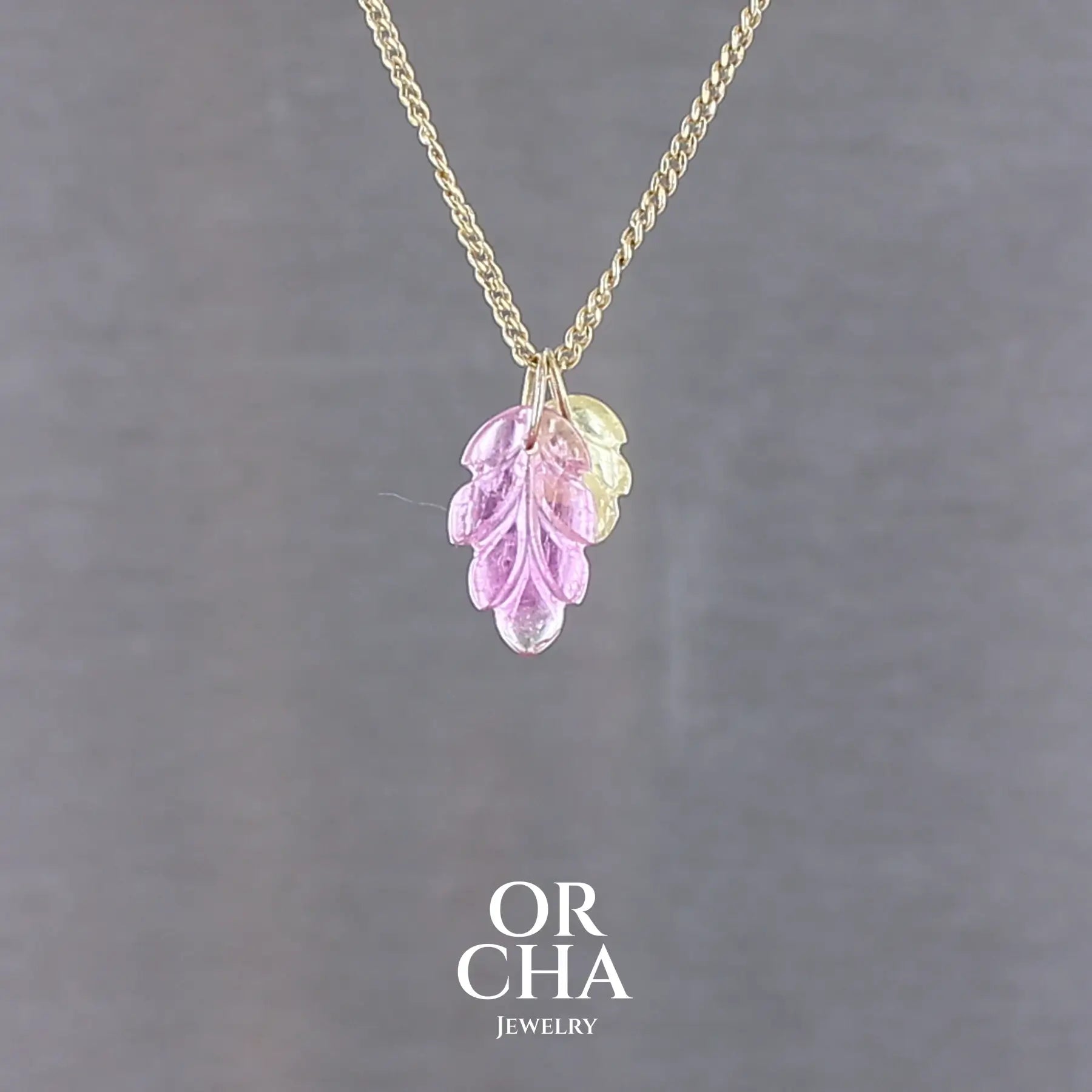 Collier feuilles en or 18k et tourmalines rose et jaune - Orcha's Gold