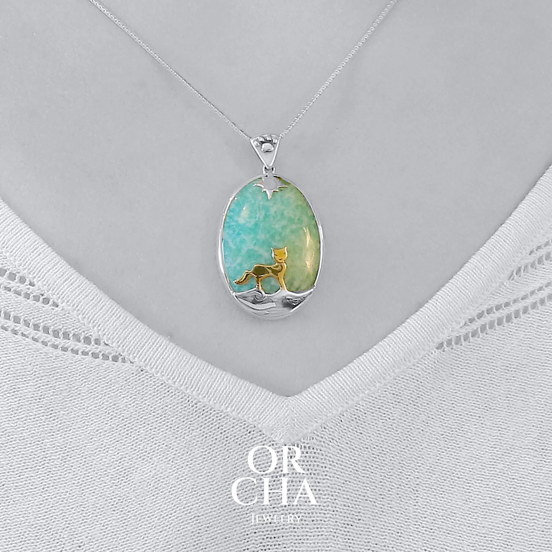 Pendentif chat avec Amazonite - Sauvage