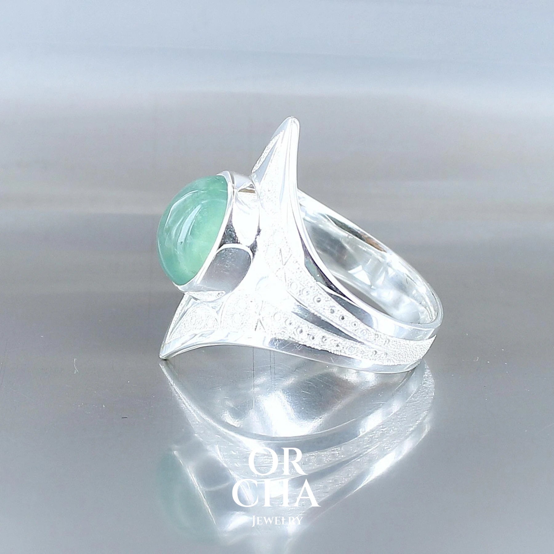 Silver Ring with Prehnite - Elven