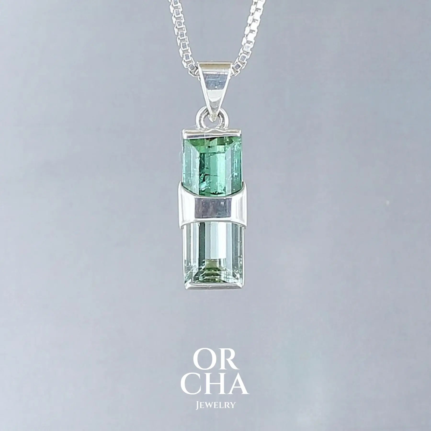 pendentif pour homme et femme en argent massif serti d'une Tourmaline bicolore de couleur vert foncé et vert clair. Pierre facettée naturelle transparente présentant des inclusions. Bijoux unique, éthique et durable présenté dans un coffret de notre marque, prêt à offrir. Livraison offerte, certificat d'authenticité, service client.
