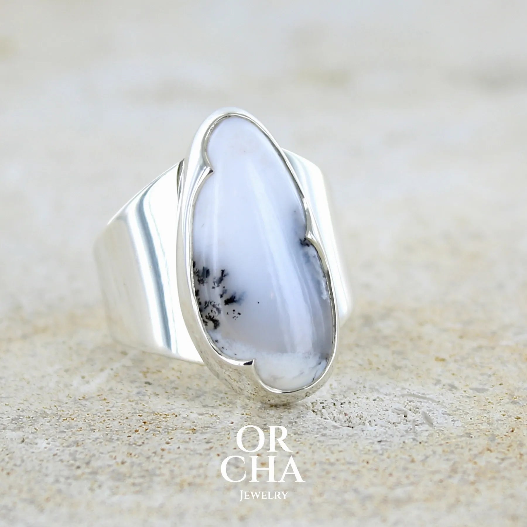 Agate dendritique bague en argent massif - Orcha