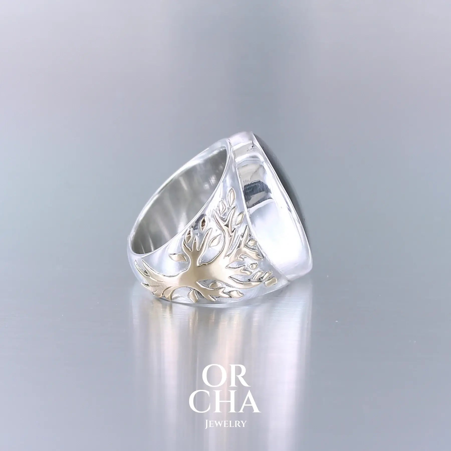 Bague pour homme avec Moldavite - Arbre de vie- Sauvage