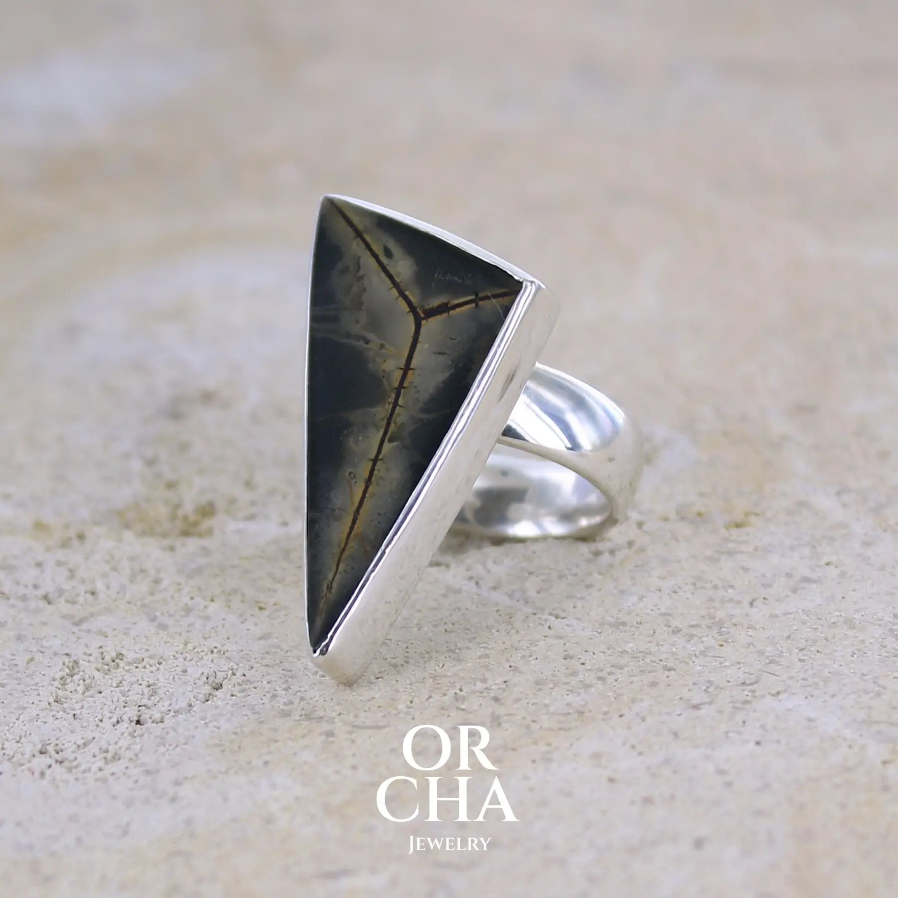 profil gauche d'une Grande bague contemporaine pour femme en argent massif sertie d'une tranche de septaria Pierre unique et rare sous cette forme triangulaire. Pierre de qualité opaque naturelle de couleur brun foncé à brun clair. Bague réalisée en taille 54.  Bijoux unique, éthique et durable présenté dans un coffret de notre marque, prêt à offrir. Livraison offerte, certificat d'authenticité, service client.